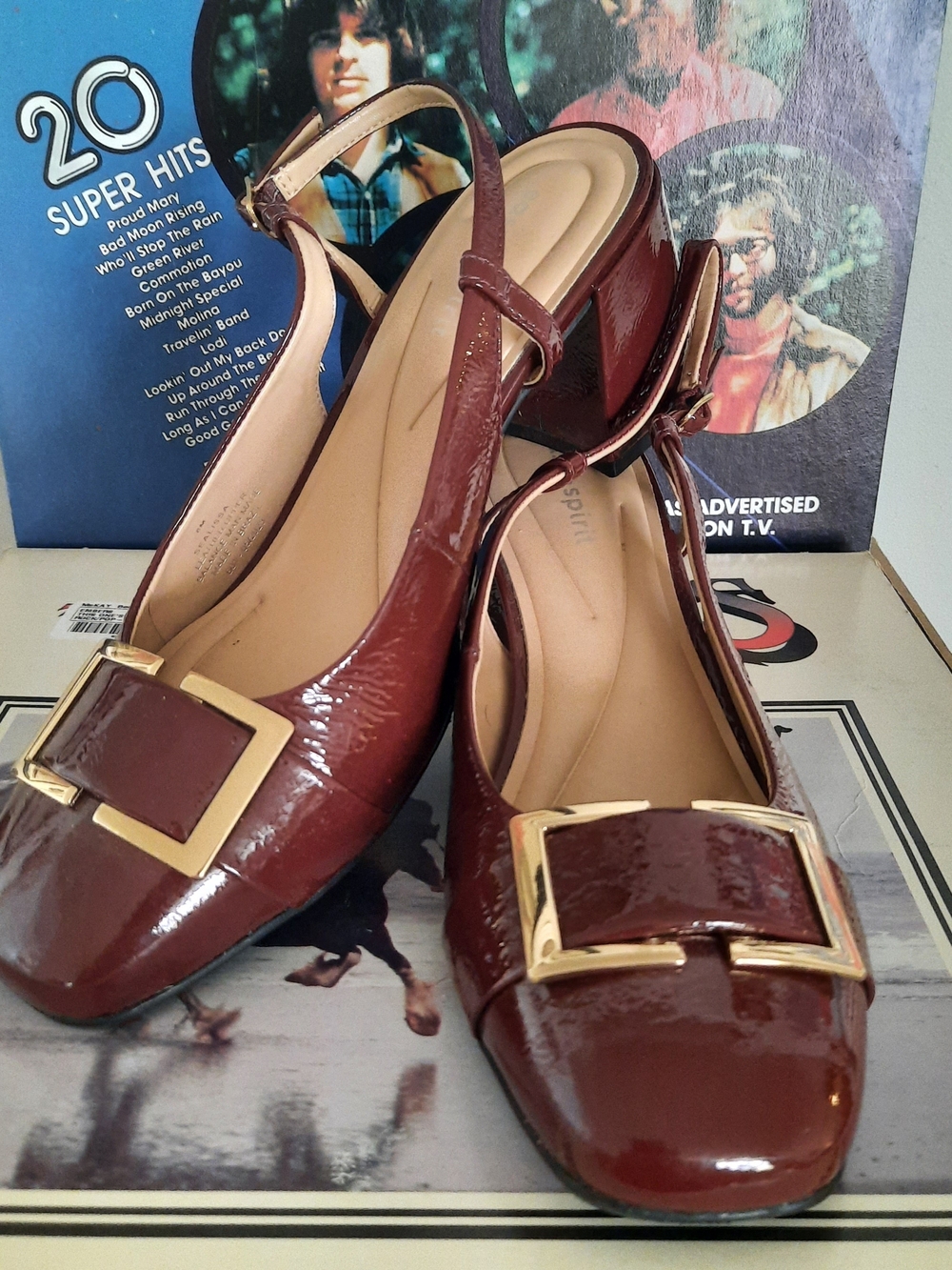 Women’s Patent Leather Slingback Pumps with Gold Buckle - Burgandy